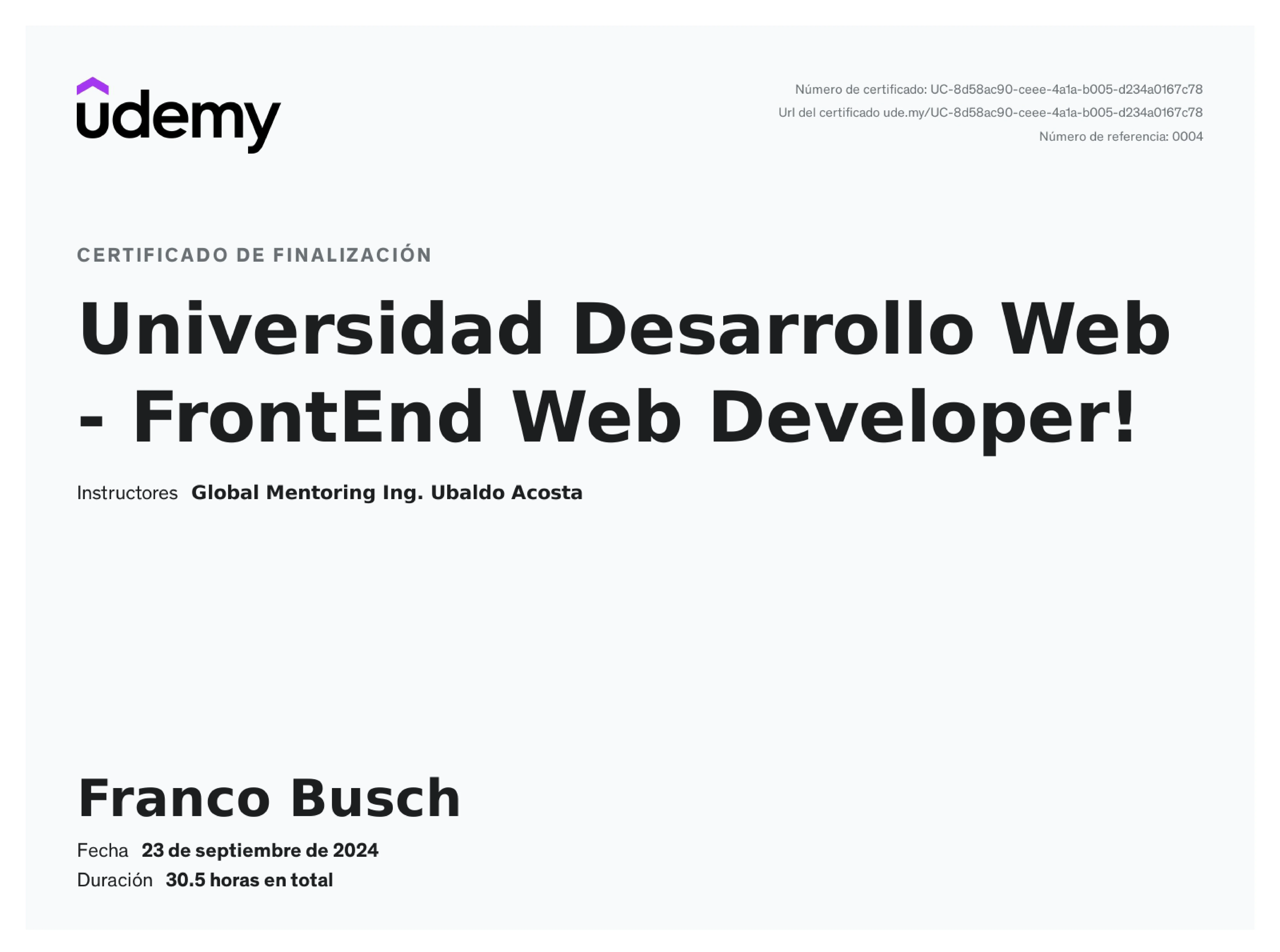 Certificado de Universidad Desarrollo Web - FrontEnd Web Developer